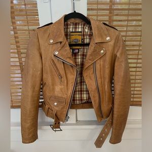 Camel color cropped leather Schott moto jacket, size xs